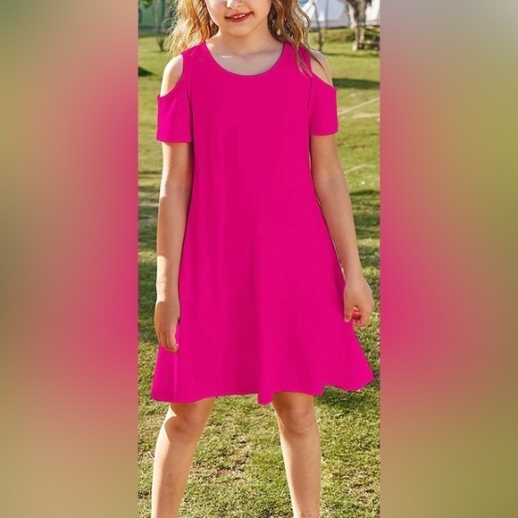 Bright Pink Rose Red Short Sleeve Cold Shoulder Swing Casual Dress - Picture 3 of 5